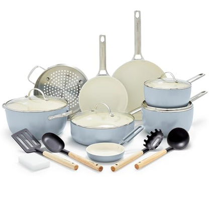 GreenPan Padova Hard Anodized Healthy Ceramic Nonstick 17 Piece Cookware Set, PFAS-Free, Induction, Dishwasher Safe, Oven Safe, Light Blue