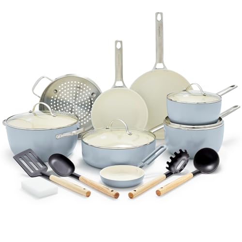 GreenPan Padova Hard Anodized Healthy Ceramic Nonstick 17 Piece Cookware Set, PFAS-Free, Induction, Dishwasher Safe, Oven Safe, Light Blue