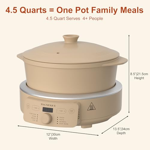 MAGNIFIQUE Slow Cooker, 4.5 Quart 8-in-1 Clay Pot Multi-Cooker, Non-Toxic Slow Cooker with Removable Clay Pot, for Rice, Pasta, Steam & Proof, Nonstick, Oven Safe Pot to 500°F, Brown