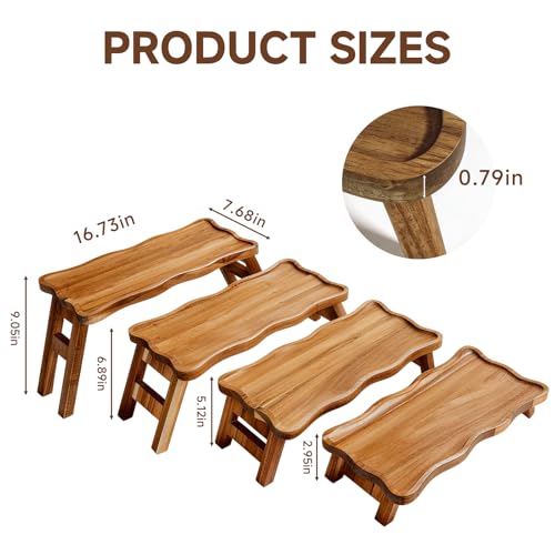 BOY MCOWBOY Acacia Wood 4 Tiered Serving Tray for Party, 16.7" x 7.7" Cupcake Stand Foldable Dessert Table Display Set Charcuterie Boards for Birthday Wedding Veggie Fruit