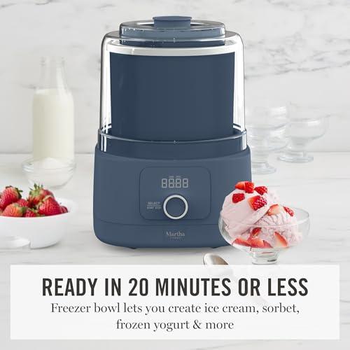 Martha Stewart Ice Cream Maker, 2 Quart Double-Insulated Freezer Bowl, Sorbet & Frozen Yogurt, Ready in 20 Minutes, Mix-Ins Chute, Easy to Clean, Indigo Blue