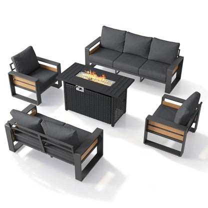Aoxun Aluminum Patio Furniture Set with Fire Pit Table, 5 Piece Luxury Outdoor Sectional with 6" Olefin Fabric Cushions, Patio Conversation Sets with Waterproof Cover for Backyard, Porch Dark Grey