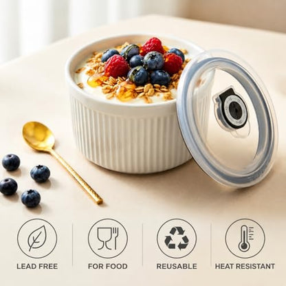 14 oz Ceramic Ramekins with Lids, Set of 4 Oven Safe Porcelain Creme Brulee Ramekins for Baking, Souffle, Pudding, Dessert, Dip, Leftovers & Food Storage, (White)