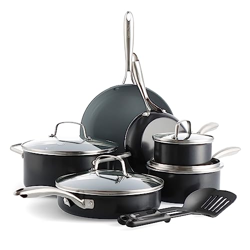 GreenPan 12 Piece Nonstick Swift Cookware Set, Ceramic PFAS-Free Pots & Pans with Lids, Dishwasher & Oven/Broiler Safe to 600F, Kitchen Cooking Set, Sauce, Saute, Stock, Frying Pans, Gray