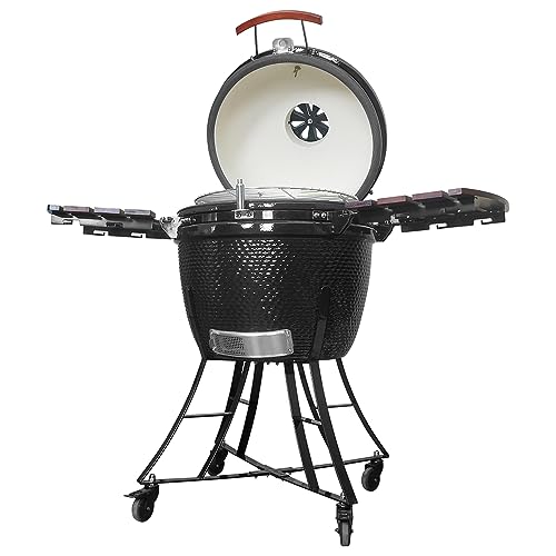 Kalamera 24” Ultimate Outdoor Ceramic Grill Kamado with Cart and Side-wings Black