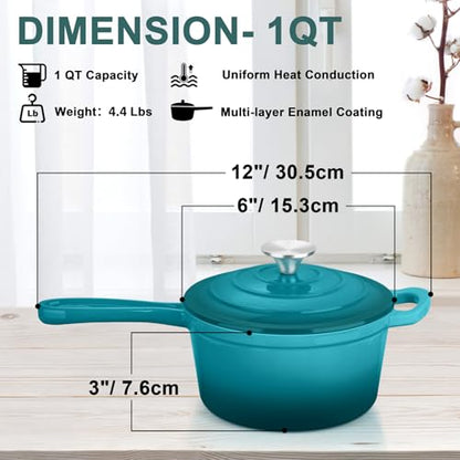 1 Quart Cast Iron Saucepan, Leonyo Enameled Sauce Pan with Lid, Enamel Cast Iron Dutch Oven Cooking Stock Pots and Pan Set Kitchen Cookware Appliances for All Cooktops - Up to 500°F, Lake Green