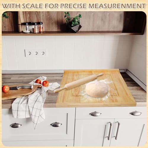24" x 20" Reversible Wooden Pastry Board Wood Pasta Board with Lip Bread Board Cutting Board Chopping Board Pie Board with Engraved Ruler for Counter Top Kitchen-Wood