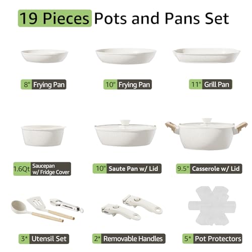 19-Piece Pots and Pans Set Non Stick, Ceramic Cookware Set with Removable Handles, PFAS-Free,Induction Compatible Dishwasher Safe,Stackable Space-Saving for Apartment or RVs