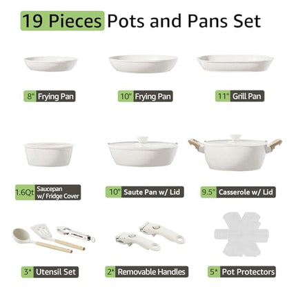 19-Piece Pots and Pans Set Non Stick, Ceramic Cookware Set with Removable Handles, PFAS-Free,Induction Compatible Dishwasher Safe,Stackable Space-Saving for Apartment or RVs