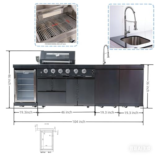 104 Inch Deluxe Stainless Steel Natural Gas Outdoor Kitchen Island Grill - 4-Burner 72000 BTU, 4 modular units for flexible and versatile combinations, For Patio, Lawn, Backyard, Black