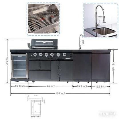 104 Inch Deluxe Stainless Steel Natural Gas Outdoor Kitchen Island Grill - 4-Burner 72000 BTU, 4 modular units for flexible and versatile combinations, For Patio, Lawn, Backyard, Black