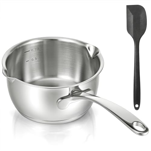 Stainless Steel Butter Warmer Pan 25 Ounce Mini Butter Melting Pot with Scraper Kitchen Induction Milk Pot Saucepan with Dual Pour Spout for Milk, Coffee, and Melting Chocolate, 750ml/0.8 Quart