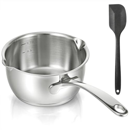 Stainless Steel Butter Warmer Pan 25 Ounce Mini Butter Melting Pot with Scraper Kitchen Induction Milk Pot Saucepan with Dual Pour Spout for Milk, Coffee, and Melting Chocolate, 750ml/0.8 Quart