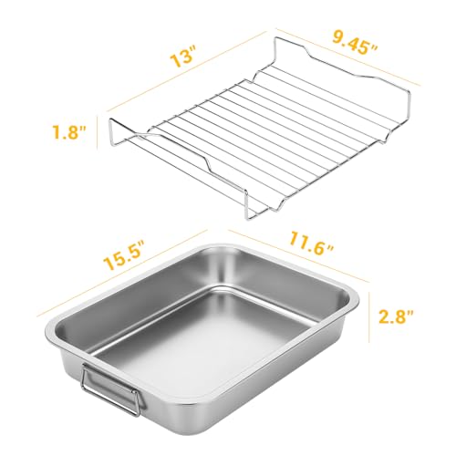 Tifanso Stainless Steel Roasting Pan - Heavy Duty Turkey Roasting Baking Broiler Oven Pan with Rack and Handle for Oven, High Sided Easy to Clean Induction Roast Tray for Chicken, Vegetable, Lasagna