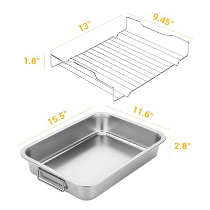 Tifanso Stainless Steel Roasting Pan - Heavy Duty Turkey Roasting Baking Broiler Oven Pan with Rack and Handle for Oven, High Sided Easy to Clean Induction Roast Tray for Chicken, Vegetable, Lasagna