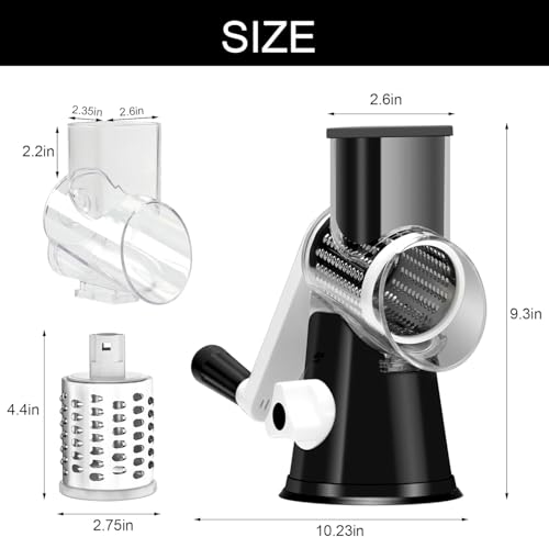 Cambom Rotary Cheese Grater Hand Crank Cheese Shredder for Fresh Cheese, Vegetable, Nuts,Non-slip Suction Base, Three Blades, Black