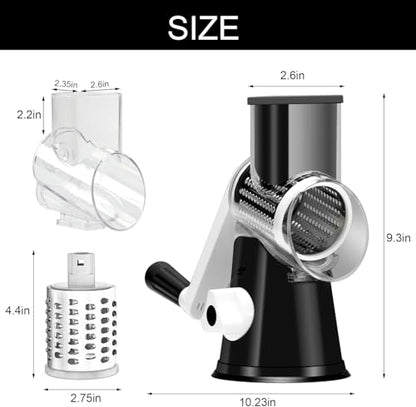 Cambom Rotary Cheese Grater Hand Crank Cheese Shredder for Fresh Cheese, Vegetable, Nuts,Non-slip Suction Base, Three Blades, Black