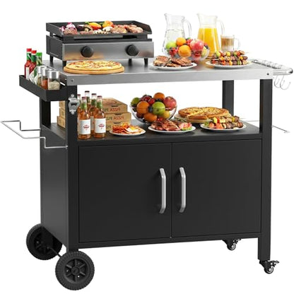 LIFERUN Outdoor Grill Cart with Stainless Steel Top, XL Outdoor Kitchen Island with Storage Cabinet, Prep Station with 2 Lockable Wheels and 4 Hooks for BBQ Food Prep & Outside Dining, 23" x 41"
