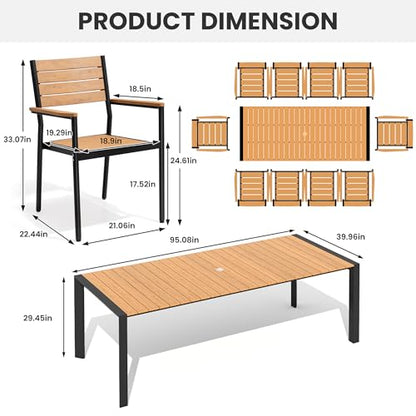 Crestlive Products 11-Piece Outdoor Dining Set, Aluminum 95" Rectangular Table and Stackable Chairs with Umbrella Hole and Arm All-Weather WPC Patio Furniture for 10 for Garden Patio Backyard (Brown)