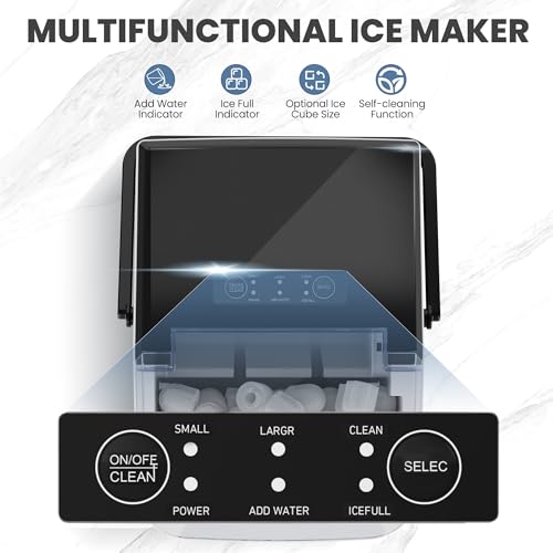 DUMOS Countertop Ice Maker with Handle, 26lbs/24H Portable Ice Machine, 9 Bullet Cubes Ready in 6 Mins, Self-Cleaning, Quiet Compact for Home, Kitchen, RV, Camping, Modern Black