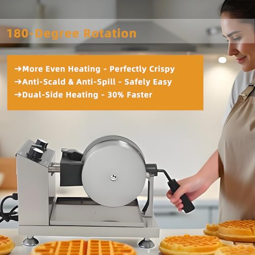 Hehinton® 110V 1300W Commercial Belgian Waffle Maker, Rotatable Croffle Machine with 122-572℉ Temp Control, 0-5min Timer, φ7"X1.2" Thick Non-Stick Liege Waffle Maker