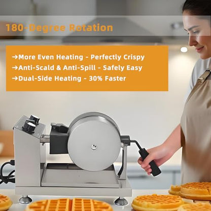 Hehinton® 110V 1300W Commercial Belgian Waffle Maker, Rotatable Croffle Machine with 122-572℉ Temp Control, 0-5min Timer, φ7"X1.2" Thick Non-Stick Liege Waffle Maker