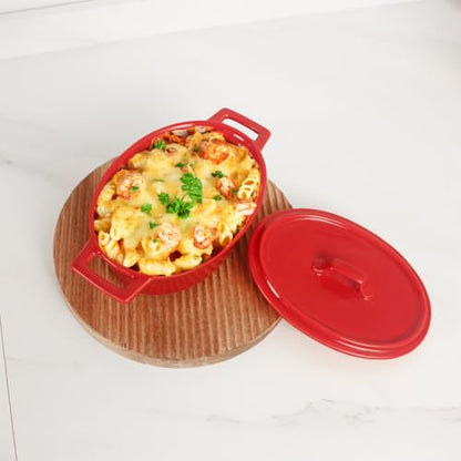 jinsongdafa Ceramic Mini Oval Cocotte Set, 10 Ounces Small Casserole Dishes with Lids and Handles, Individual Baking Ramekins, Oven, Microwave & Dishwasher Safe, Red 7.1 Inch