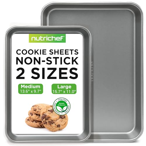 NutriChef 2-Piece Large & Medium Cookie Sheets for Baking - Non Stick Baking Sheet for Cookies, Sheet Cakes & Roasting - Dishwasher Safe - Gray