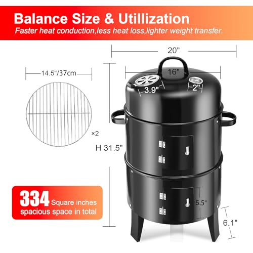 RYHOFOUD T001-2 19-inch BBQ Charcoal Smoker, Heavy Duty Round Smoking-Vertical Multi-Layer Pellet Smoker for Meats-Offset Charcoal Grill with Thermometer, Black