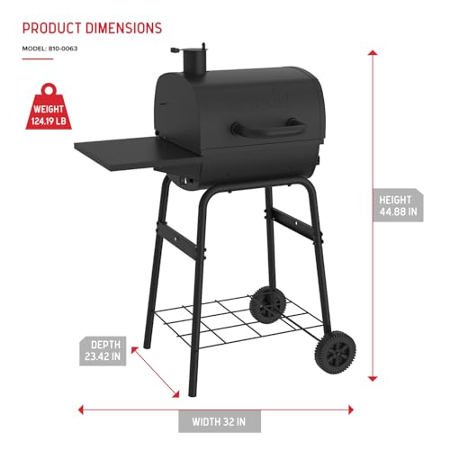 Nexgrill 17.5" Charcoal Grill with Side Shelf, 349 SQ In Cooking Space, Adjustable Chimney, Air Dampers, Temperature Gauge, Warming Rack, Barrel Smoker Grill for Camping, Picnics, and More - 810-0063
