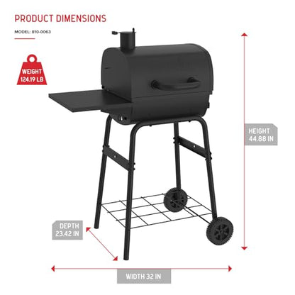 Nexgrill 17.5" Charcoal Grill with Side Shelf, 349 SQ In Cooking Space, Adjustable Chimney, Air Dampers, Temperature Gauge, Warming Rack, Barrel Smoker Grill for Camping, Picnics, and More - 810-0063