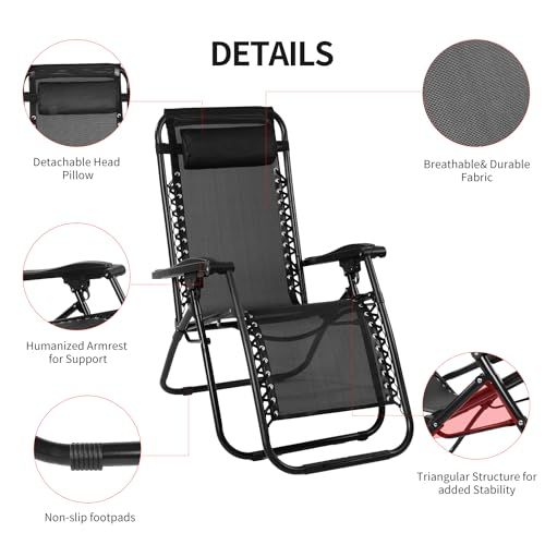 VTOY Zero Gravity Lounge Chair,Adjustable Outdoor Reclining Patio Chairs with Pillow and Cup Holder,Portable Camping Beach Chair,Steel Mesh Folding Recliner for Pool Yard Lawn (Black)
