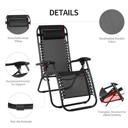 VTOY Zero Gravity Lounge Chair,Adjustable Outdoor Reclining Patio Chairs with Pillow and Cup Holder,Portable Camping Beach Chair,Steel Mesh Folding Recliner for Pool Yard Lawn (Black)