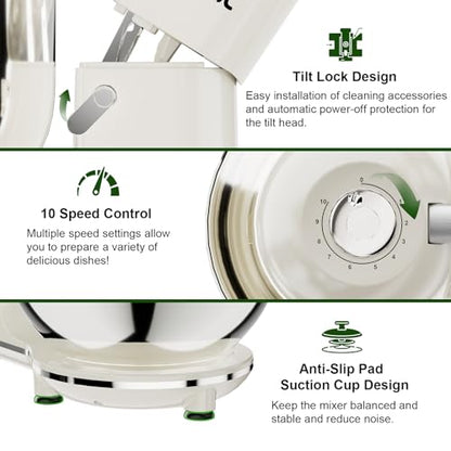 Camic Electric Stand Mixer,7.45 QT,10 Speeds with Dough Hook,Whisk, Flat Beater Attachments, Splash Guard, Easy-Carry Top Handle,3-IN-1 Kitchen Mixer for Baking Cakes Cookie Bread Salad (White)