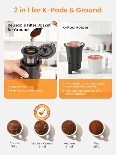 Karosie Hot & Iced Single Serve Coffee Maker for K Pod and Grounds, 6-14 Oz Brew Sizes, 50oz Removable Tank, Single Cup Coffee Maker with Descaling Reminder, Stainless Steel, Black