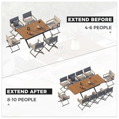 Grand patio 11-Piece Outdoor Dining Set, 10 Extra-Wide Folding Chairs & 1 Rectangle Expandable Table for 6-8 Person, Sling Mesh Patio Chairs with Wood Grain Table for Yard, Poolside, Deck, Gray