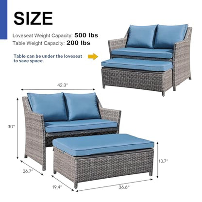 OC Orange-Casual Wicker Patio Loveseat w/Storage Ottoman, 2 Pcs, Navy Blue