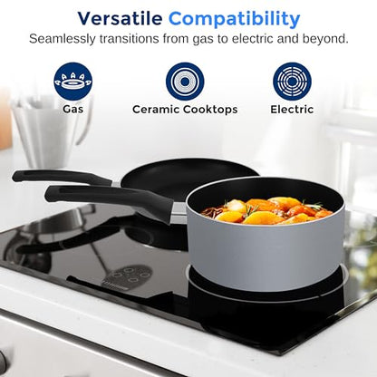 SereneLife Kitchenware Pots and Pans Set, Basic Kitchen Nonstick Cookware Set, Heat Resistant Lacquer (6-Piece Set), One Size, Gray