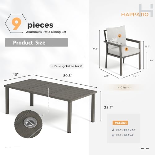 HAPPATIO Patio Dining Set for 8, 9-Piece Outdoor Aluminum Dining Furniture Set, 8 Cushioned Dining Chairs and Table for Deck Yard Poolside, Rust-Proof, Weather-Resistant, Easy Assembly