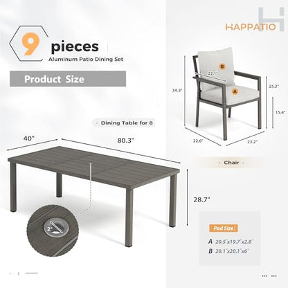 HAPPATIO Patio Dining Set for 8, 9-Piece Outdoor Aluminum Dining Furniture Set, 8 Cushioned Dining Chairs and Table for Deck Yard Poolside, Rust-Proof, Weather-Resistant, Easy Assembly