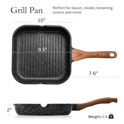ESLITE LIFE 9.5 Inch Nonstick Grill Pan for Indoor Cooking, Versatile Induction Square Large Grilling Skillet Steak Pan for Stove Tops, PTFE & PFOA Free, Black