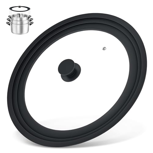 13-14-15 in Universal Lid for Oversized Pots, Pans and Skillets, Extra Large Pot Lid Tempered Glass Lid with Heat-Resistant Silicone Edge, Cookware Lids, Replacement Frying Pan Cover, Black