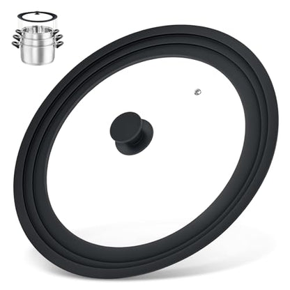 13-14-15 in Universal Lid for Oversized Pots, Pans and Skillets, Extra Large Pot Lid Tempered Glass Lid with Heat-Resistant Silicone Edge, Cookware Lids, Replacement Frying Pan Cover, Black