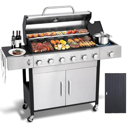 GRILL DEPOTS 6 Burner Propane Gas Grill with Side Burner, Cast Iron Grates, Plate, Lid and Warming Rack, Large Cabinet Style BBQ Grill for Barbecue Grilling Backyard Cooking, 620 SQ. IN. Cooking Area