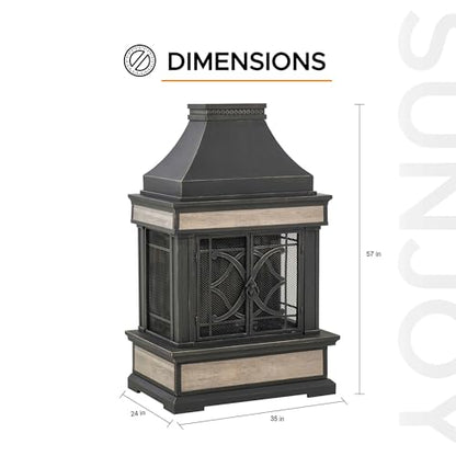 Sunjoy Outdoor Fireplace, Stone Look Tile Patio Wood Burning Steel Fireplace with Chimney, Spark Screen, Fire Poker, Rain Cover, and Removable Grate, Black with Golden Highlight