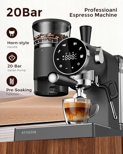 avigator Espresso Machine with Grinder, Semi-Automatic, 20 Bar, Black