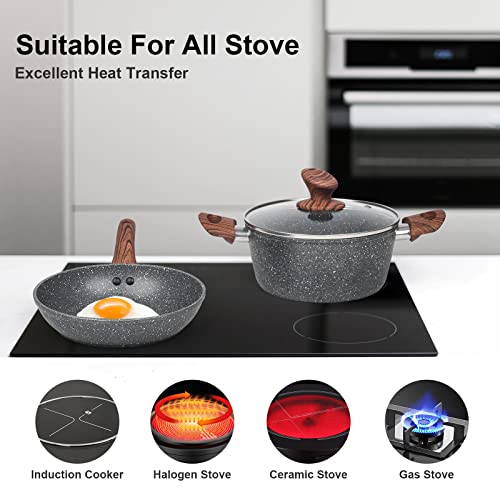 M MELENTA Granite Pots and Pans Set Non Stick, 11 Piece Die-Cast Induction Cookware Set, Nonstick Kitchen Cooking Set w/Frying Pans & Saucepans, PFOA Free