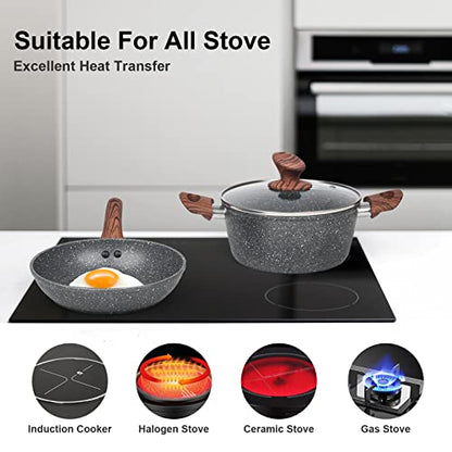 M MELENTA Granite Pots and Pans Set Non Stick, 11 Piece Die-Cast Induction Cookware Set, Nonstick Kitchen Cooking Set w/Frying Pans & Saucepans, PFOA Free