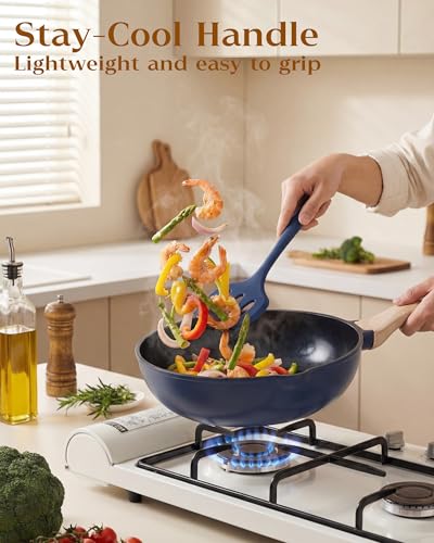 FDN 16Pcs Titanium Pots and Pans Set,Toxic-Free Cookware Set, Dishwasher & Oven Safe, Induction Compatible with Bakelite Wood Grain Handle, Compact and Durable
