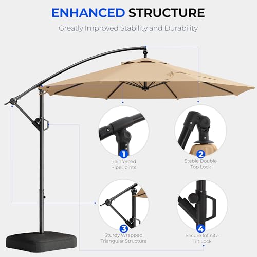 HOMSHADE 10ft Offset Patio Umbrella with Base Included, Cantilever Offset Hanging Patio Outdoor Market Umbrella UPF50+ UV Protection with Easy Tilt and Crank for Pool Deck and Garden(Beige)